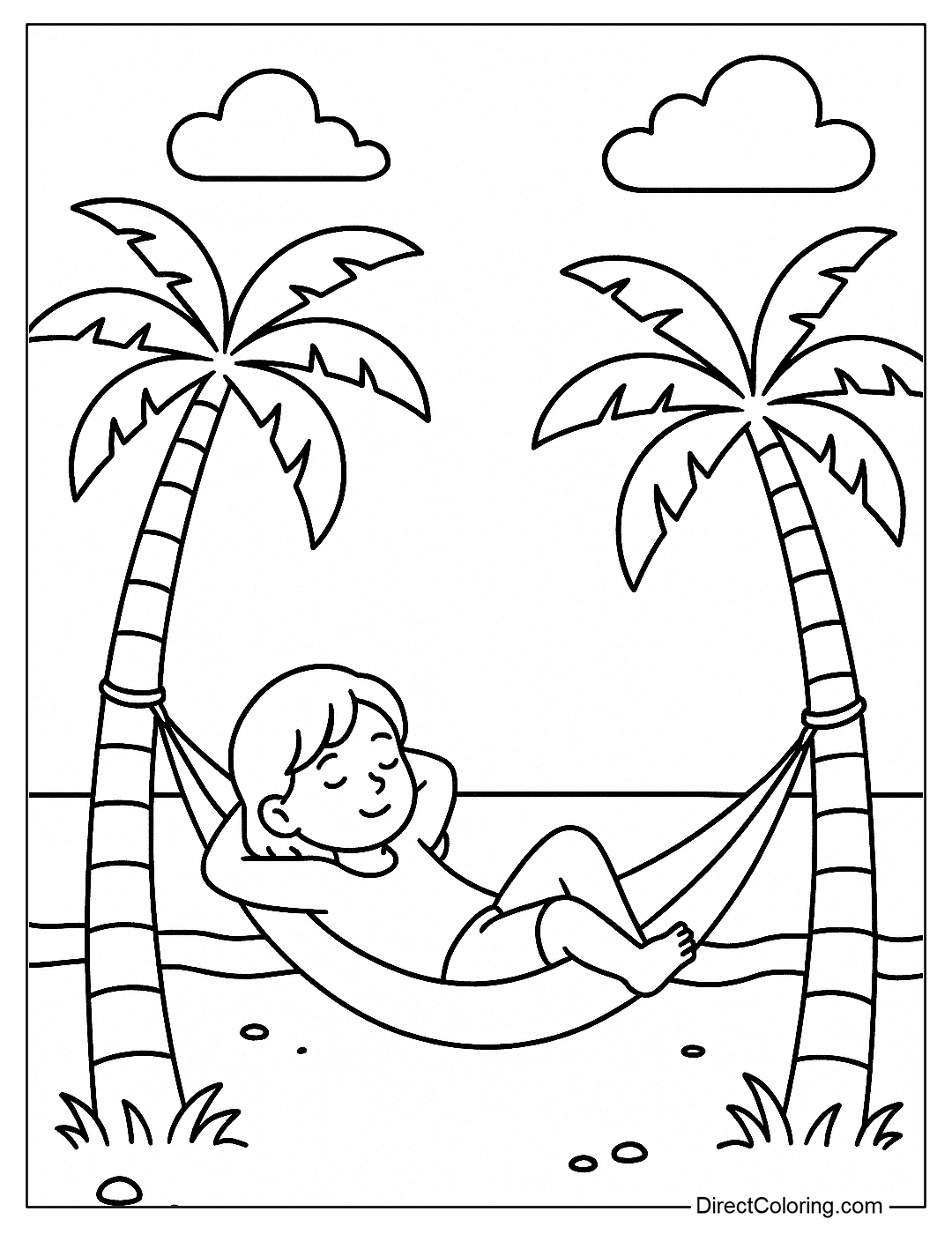 a beach coloring page with 2 coconut trees shading a hammock with a little kid relaxing